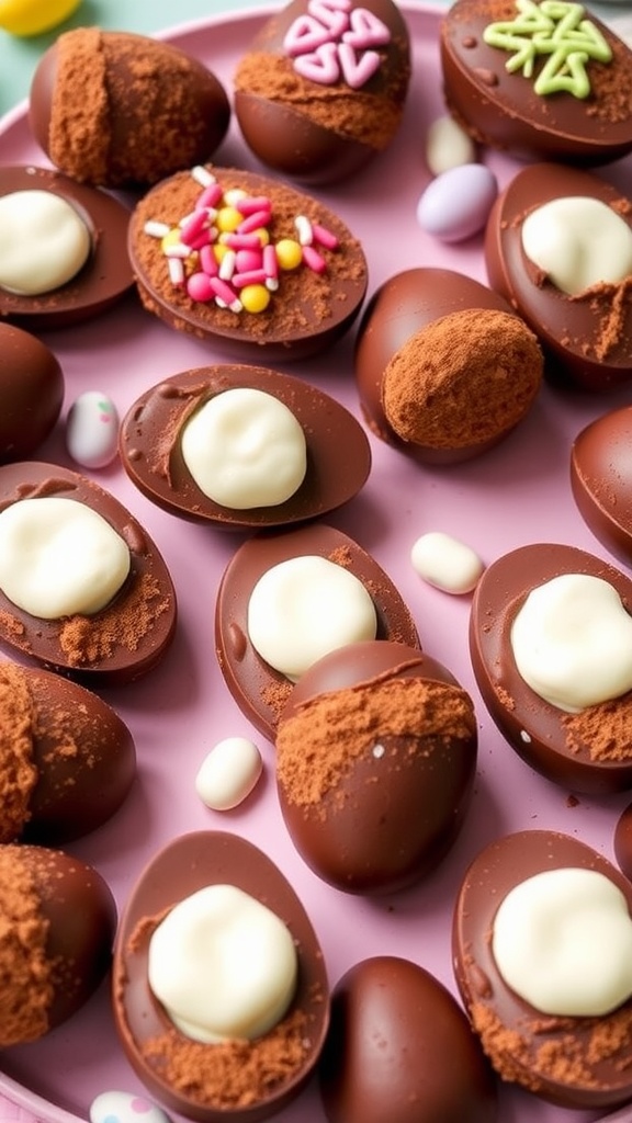 Low-Carb Keto Easter Egg Treats A festive platter of keto chocolate Easter eggs filled with cream cheese, decorated with sprinkles.